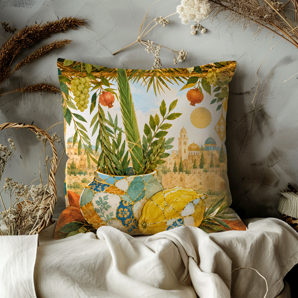 Sukkot Four Species Pillow Cover – Lulav Etrog Art | Gold Crackle Decor