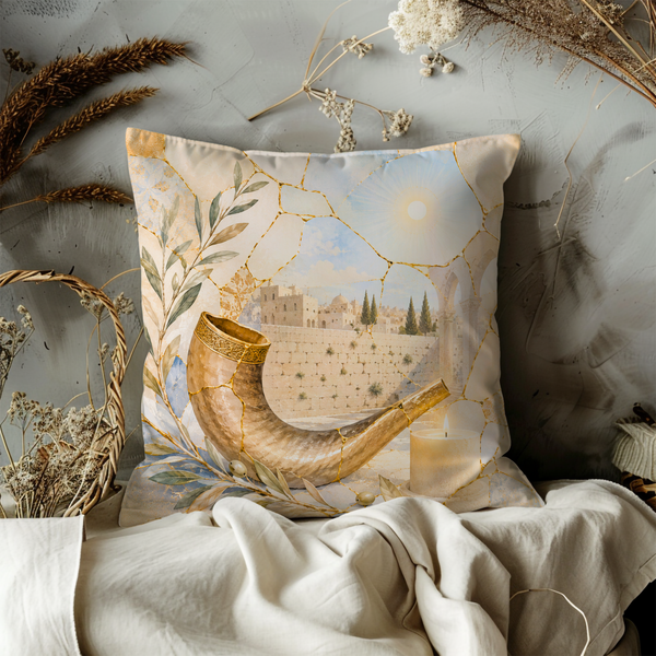 Shofar Western Wall Pillow Cover – Rosh Hashanah Art | Gold Crackle Decor