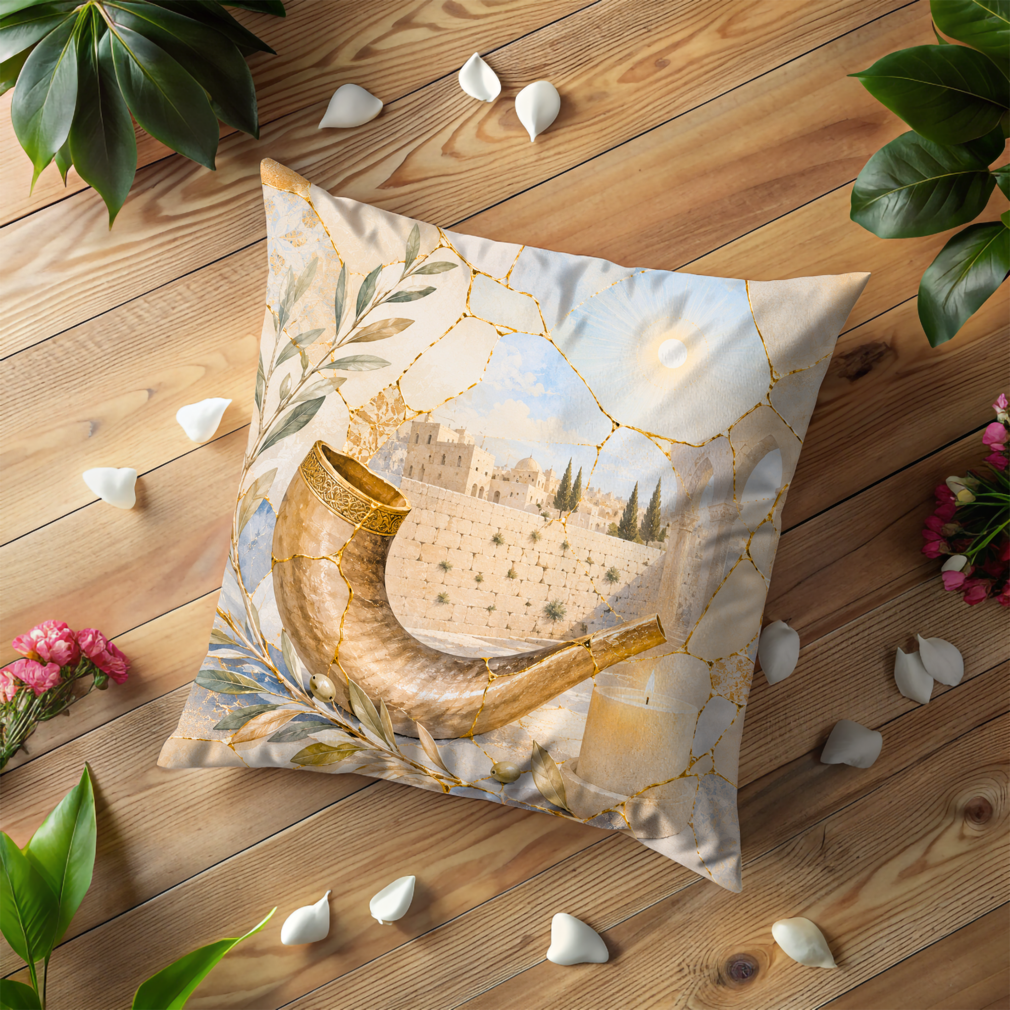 Shofar Western Wall Pillow Cover | Rosh Hashanah Art | Gold Crackle Decor