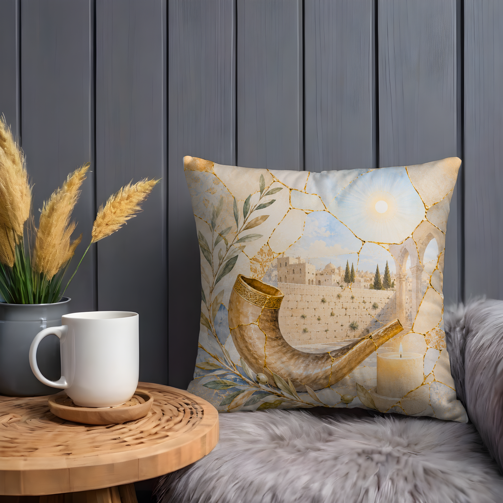 Shofar Western Wall Pillow Cover | Rosh Hashanah Art | Gold Crackle Decor
