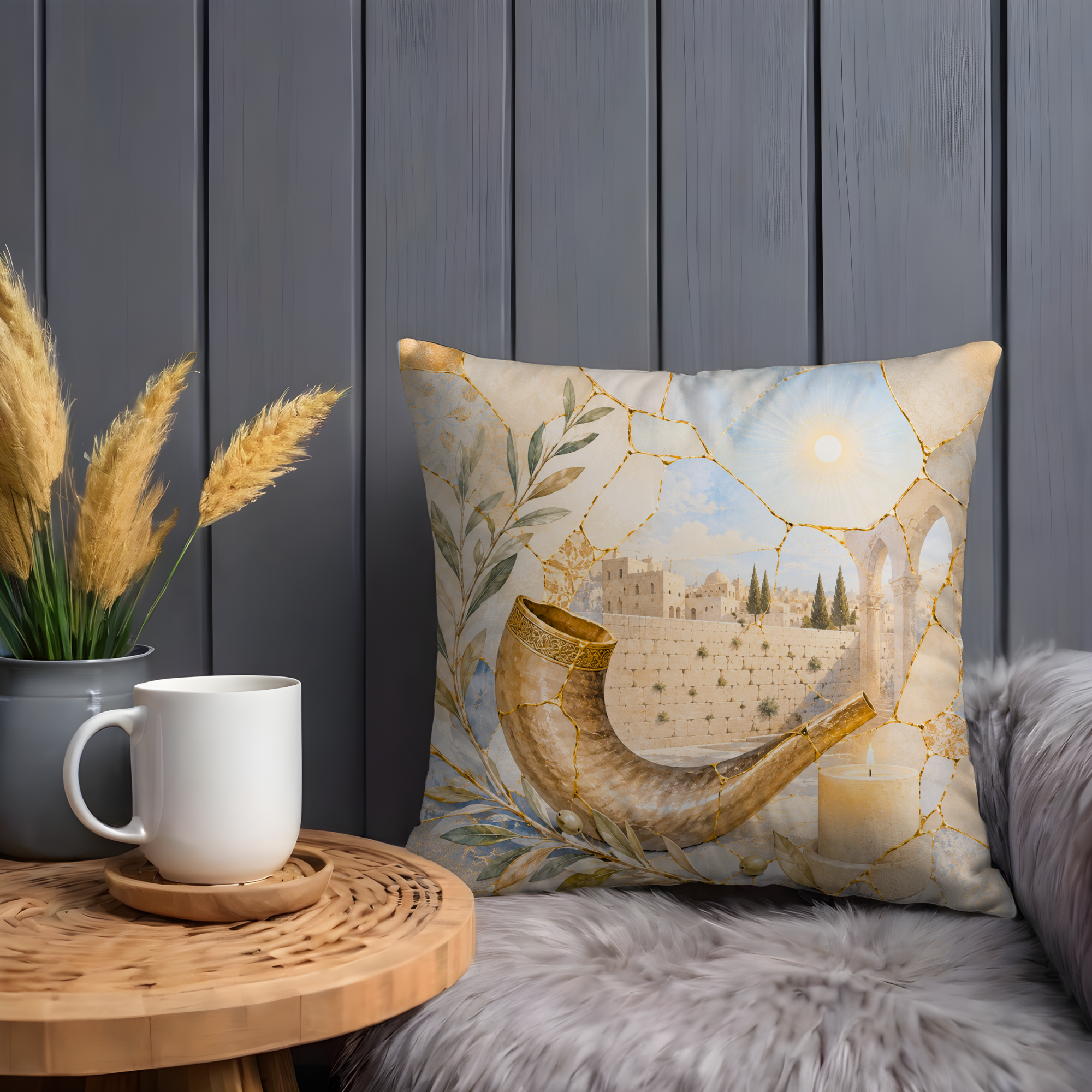 Shofar Western Wall Pillow Cover | Rosh Hashanah Art | Gold Crackle Decor