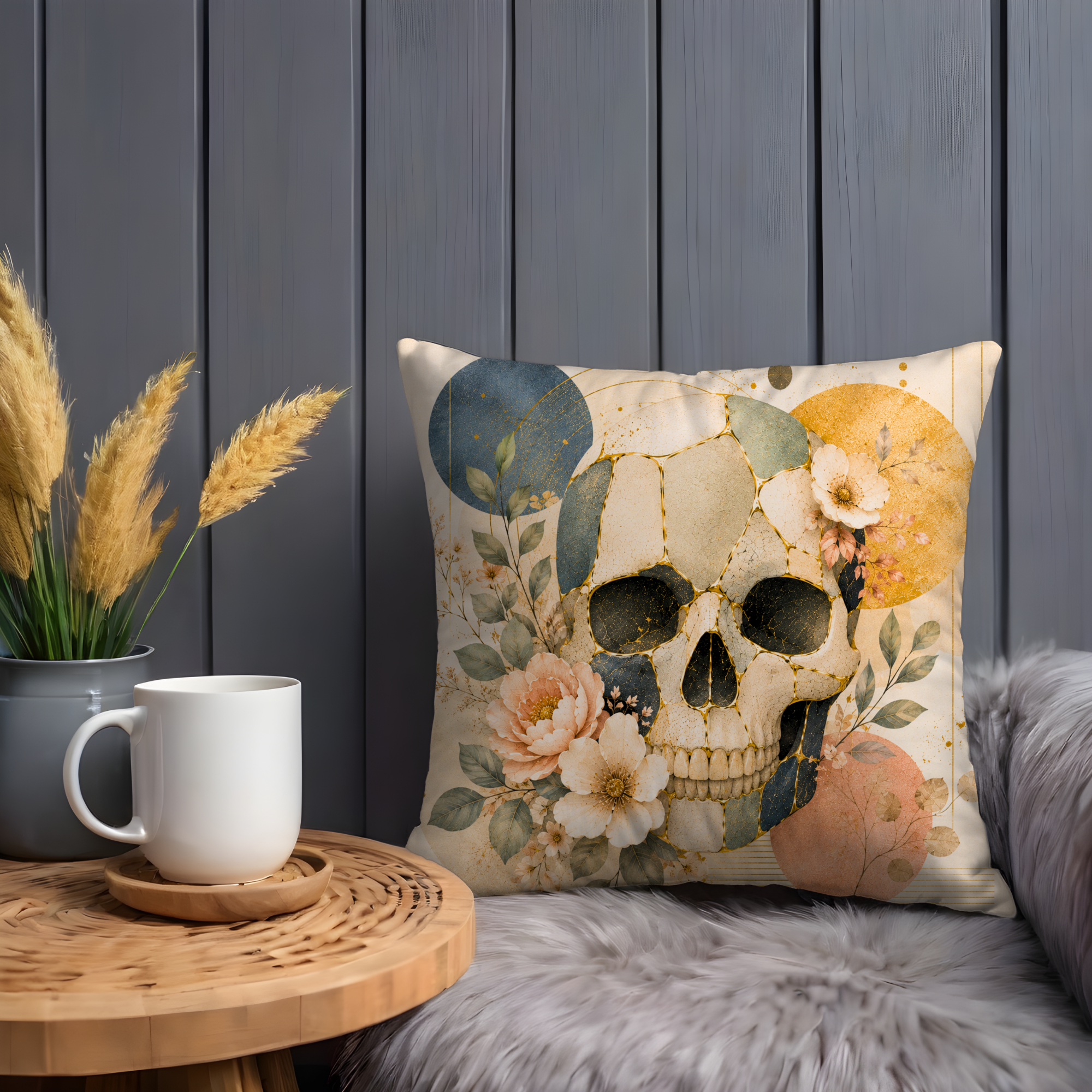 Floral Skull Pillow Cover | Memento Mori Art | Gold Crackle Decor
