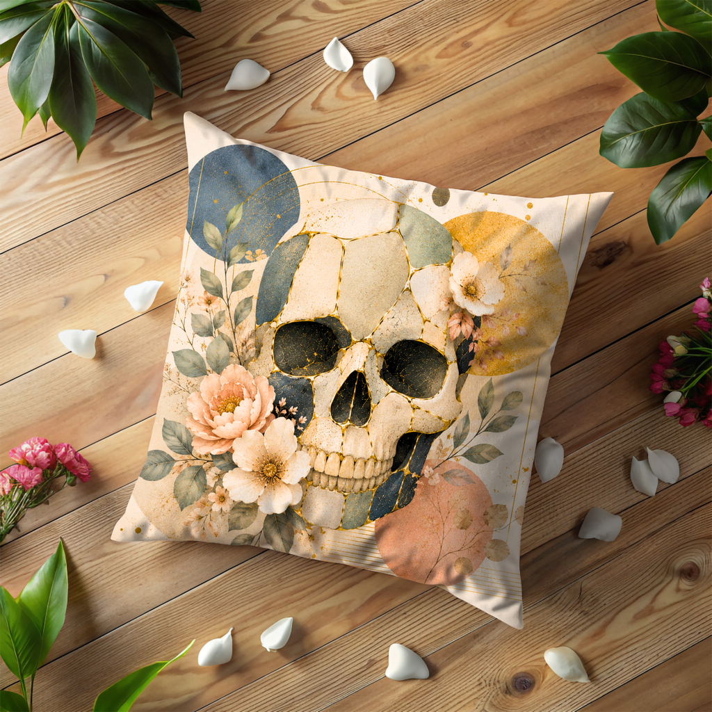 Floral Skull Pillow Cover | Memento Mori Art | Gold Crackle Decor