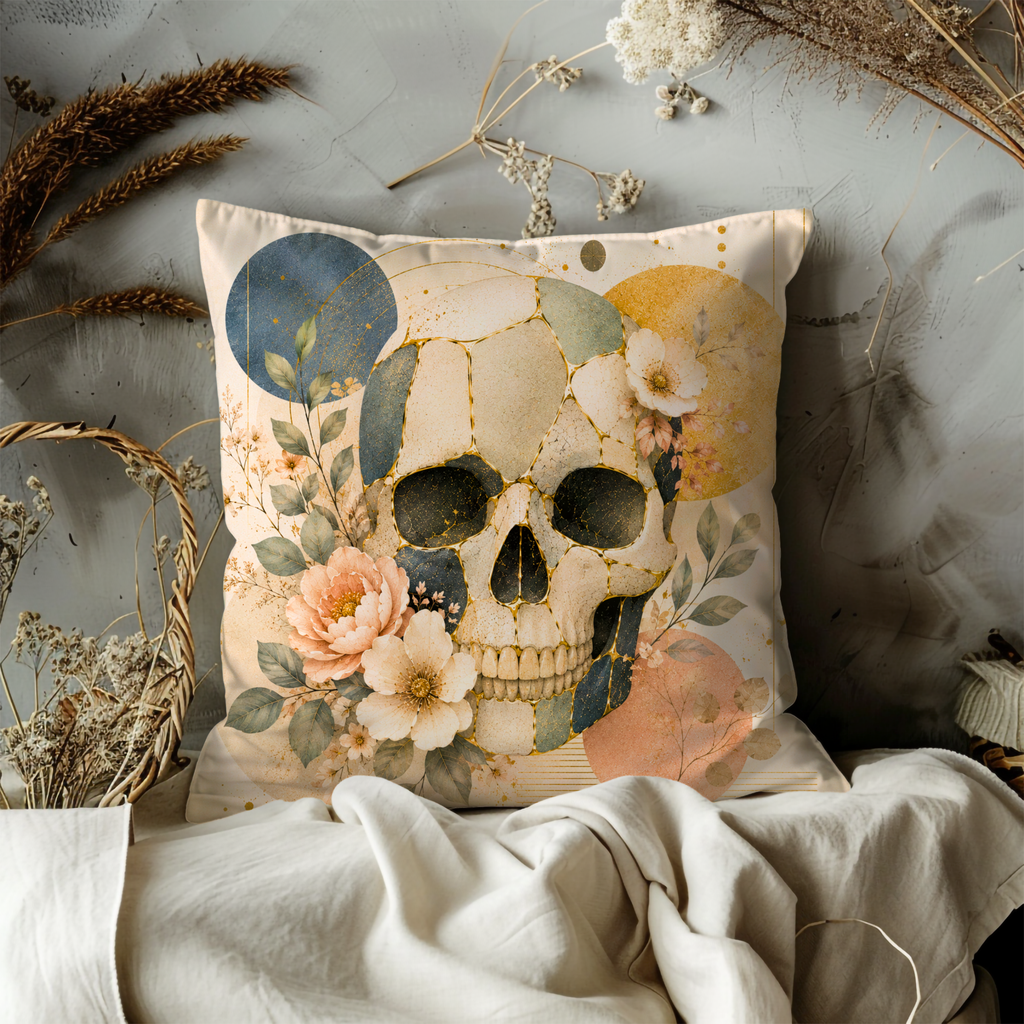 Floral Skull Pillow Cover | Memento Mori Art | Gold Crackle Decor