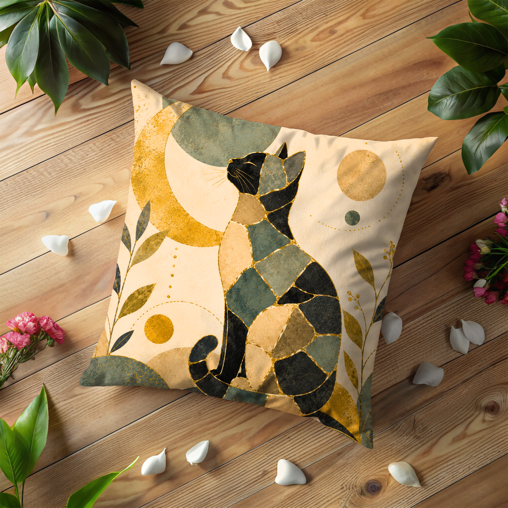 Mosaic Cat Pillow Cover | Celestial Moon Art | Gold Crackle Decor