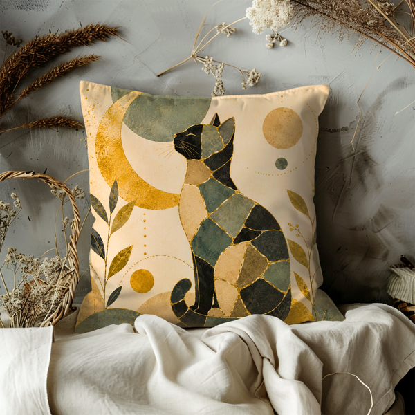 Mosaic Cat Pillow Cover – Celestial Moon Art | Gold Crackle Decor