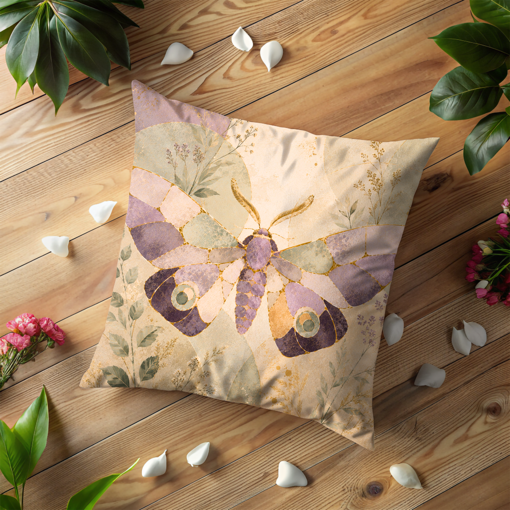 Mosaic Butterfly Pillow Cover | Boho Moth Art | Gold Crackle Decor