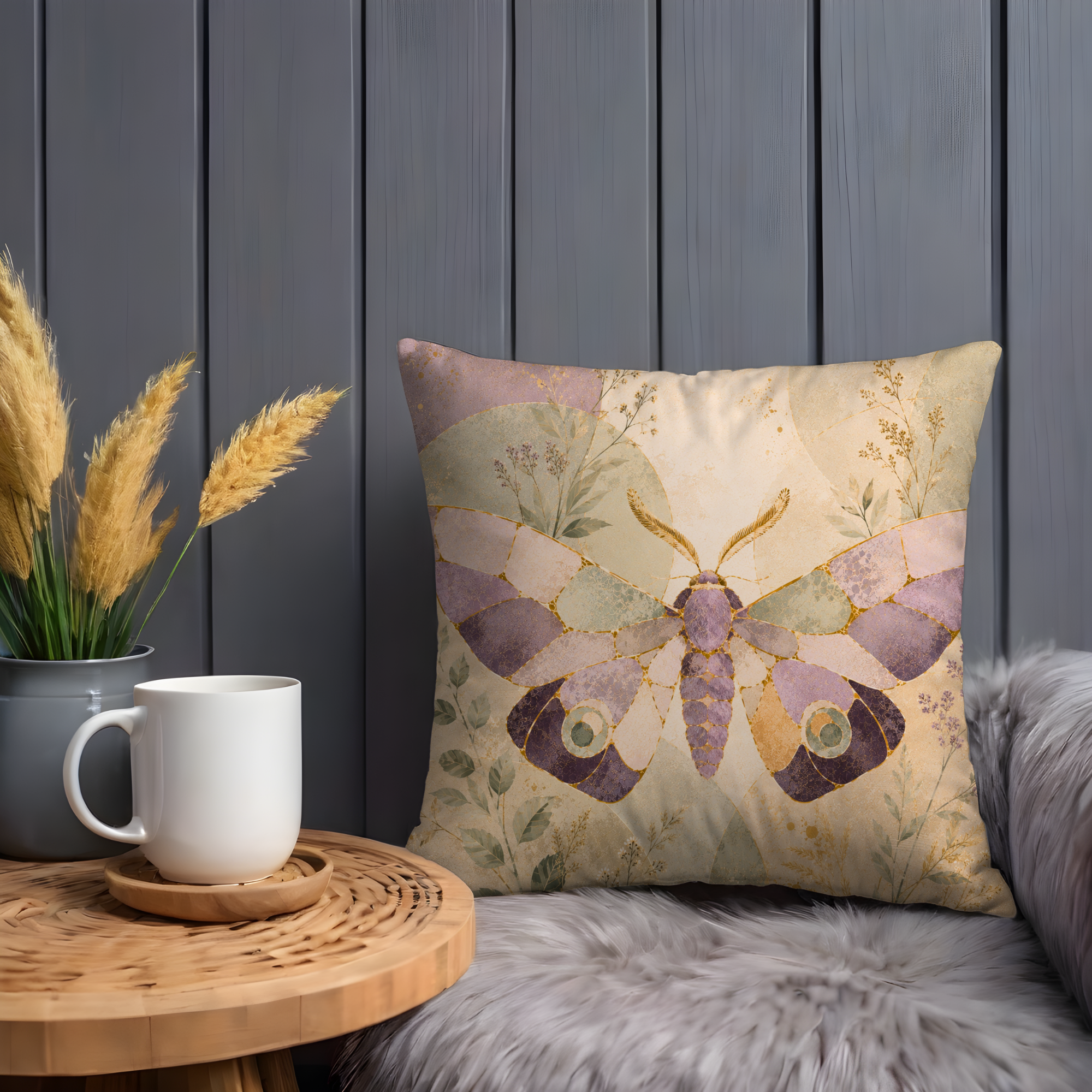 Mosaic Butterfly Pillow Cover | Boho Moth Art | Gold Crackle Decor