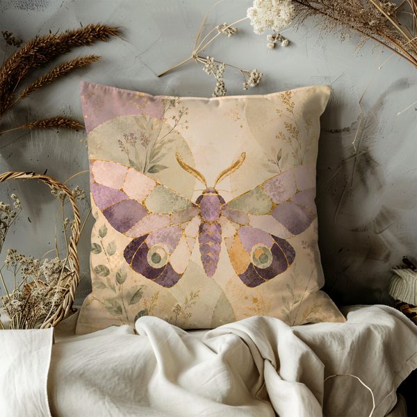 Mosaic Butterfly Pillow Cover – Boho Moth Art | Gold Crackle Decor