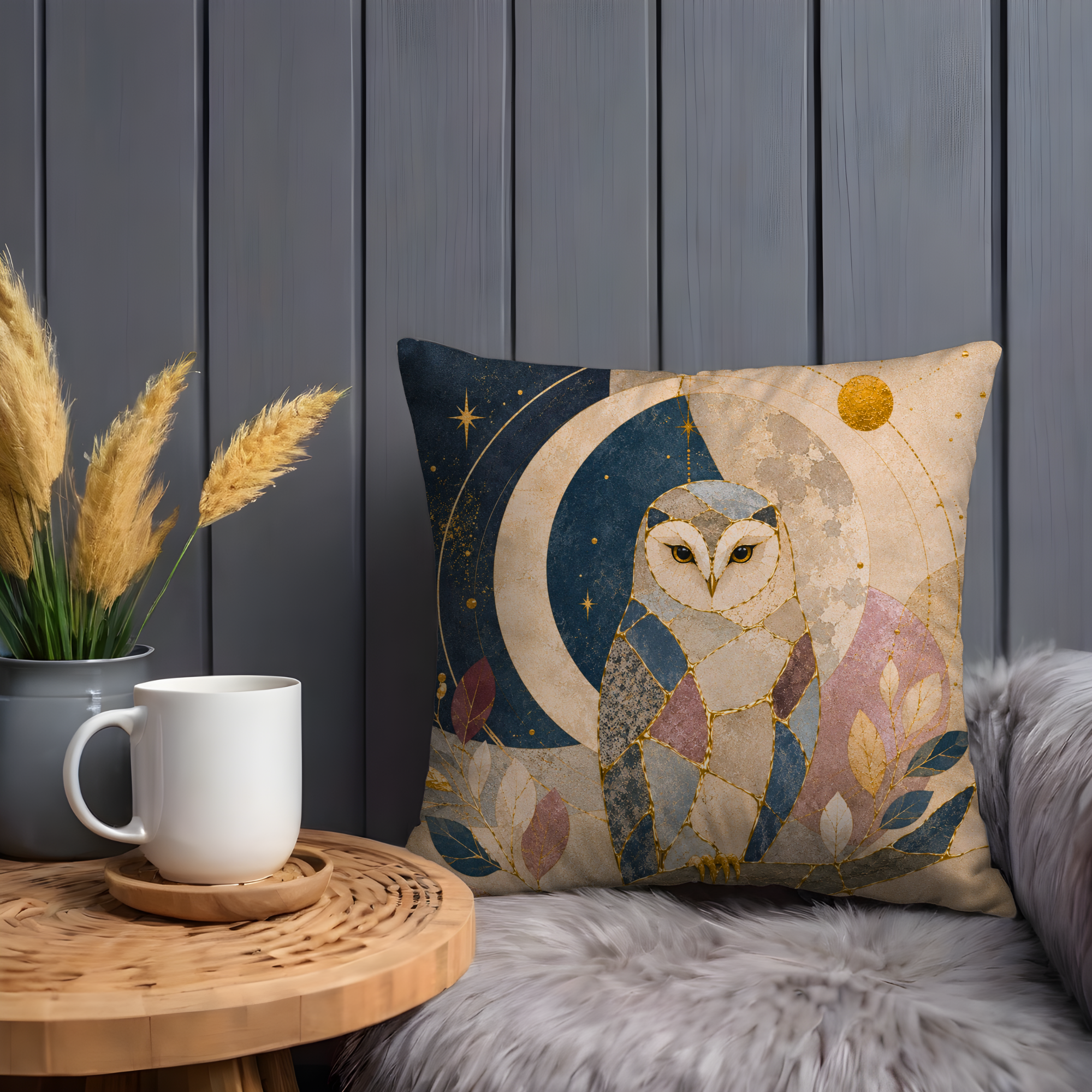 Mosaic Owl Pillow Cover | Celestial Moon Art | Gold Crackle Decor