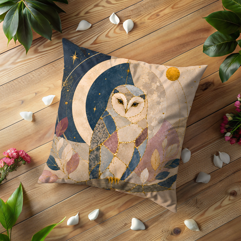 Mosaic Owl Pillow Cover | Celestial Moon Art | Gold Crackle Decor