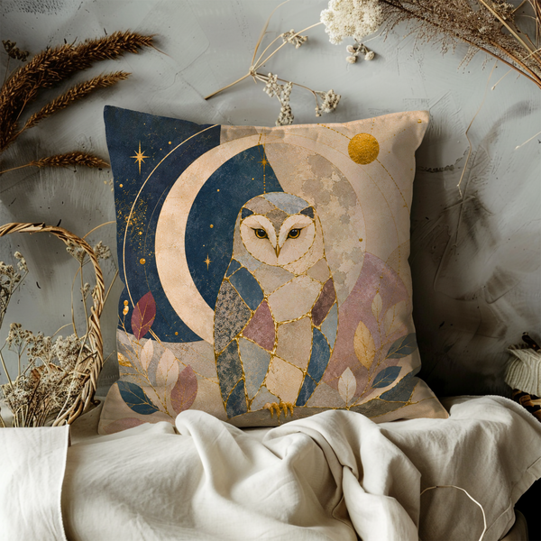 Mosaic Owl Pillow Cover – Celestial Moon Art | Gold Crackle Decor