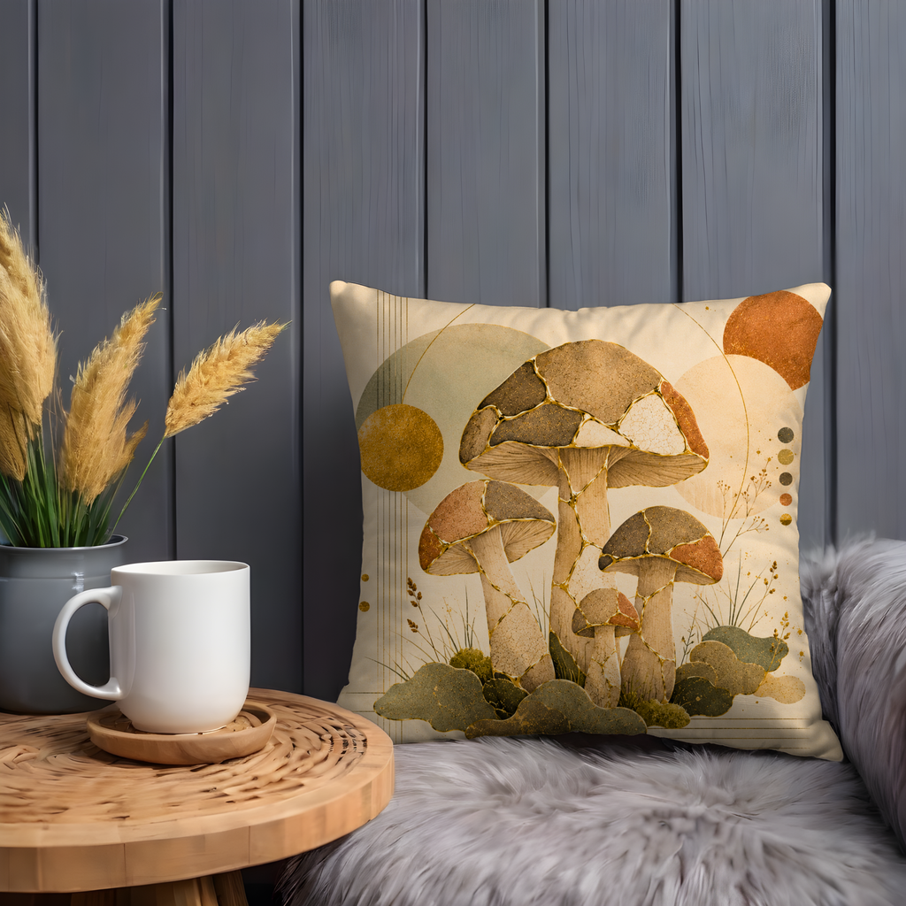 Mosaic Mushrooms Pillow Cover | Forest Boho Art | Gold Crackle Decor