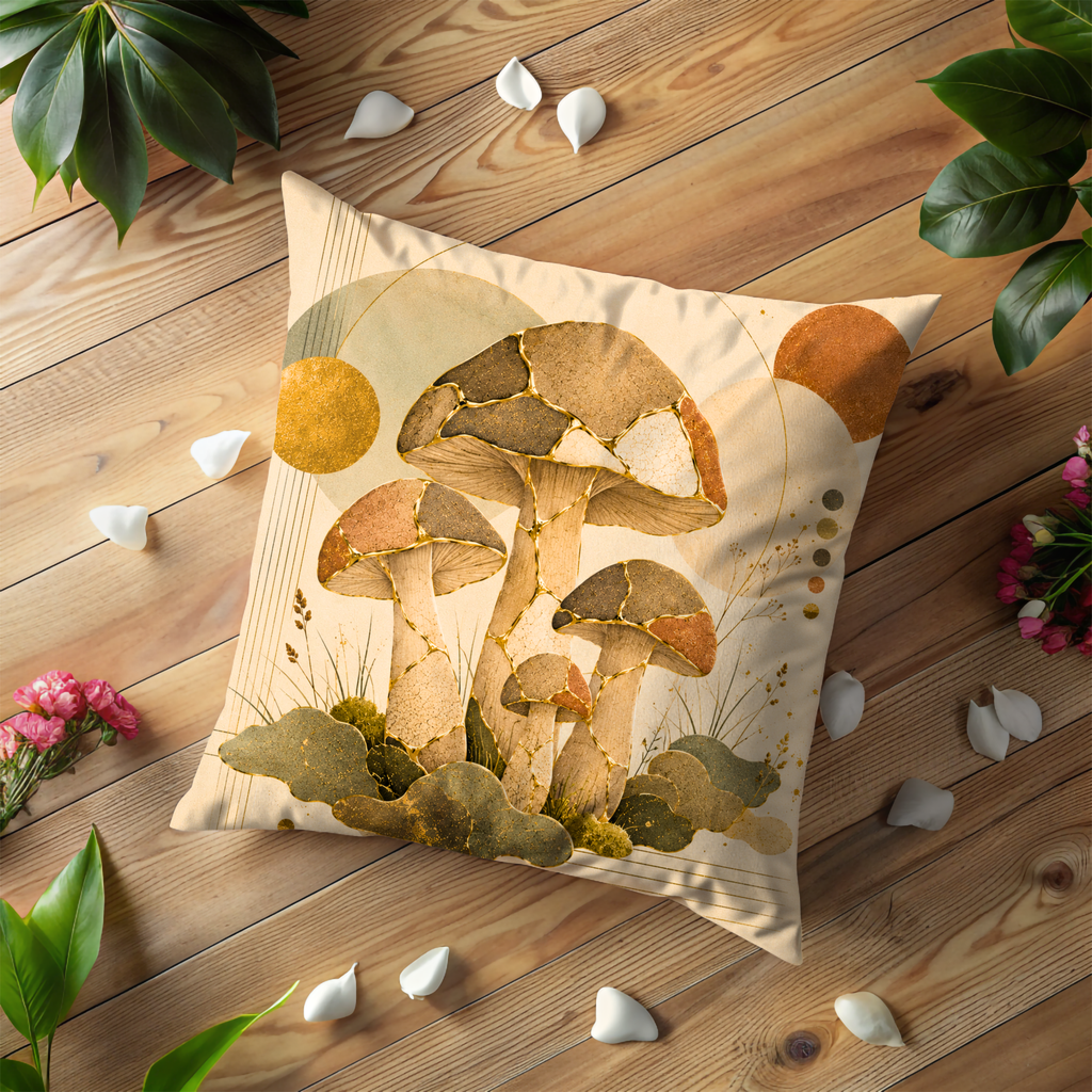 Mosaic Mushrooms Pillow Cover | Forest Boho Art | Gold Crackle Decor