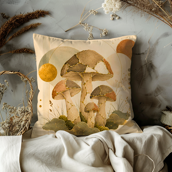 Mosaic Mushrooms Pillow Cover – Forest Boho Art | Gold Crackle Decor