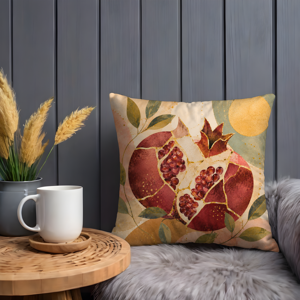 Pomegranate Mosaic Pillow Cover | Jewish Abundance Art | Gold Crackle Decor