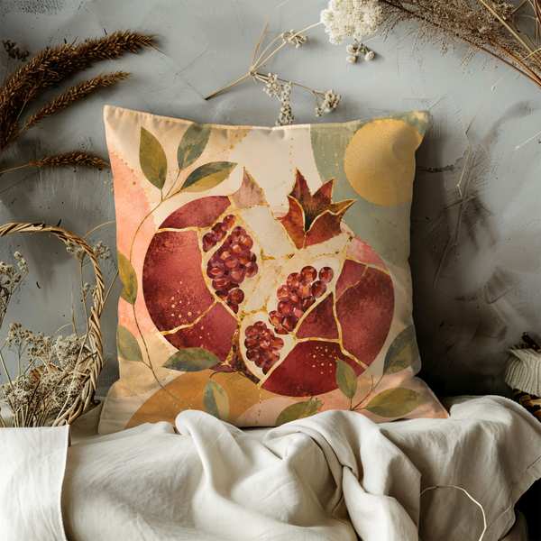 Pomegranate Mosaic Pillow Cover – Jewish Abundance Art | Gold Crackle Decor