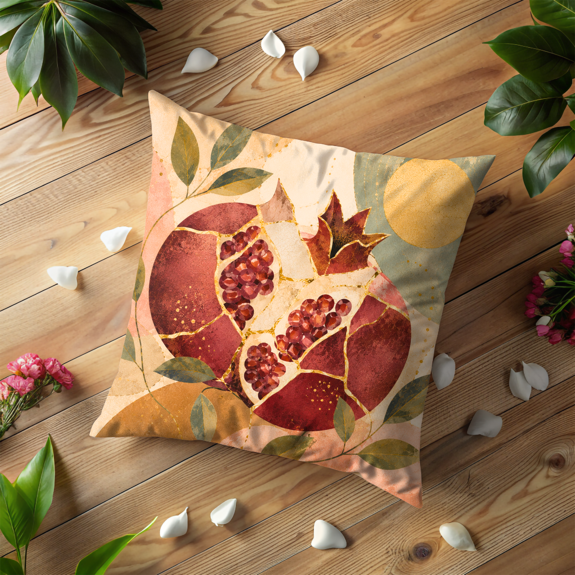 Pomegranate Mosaic Pillow Cover | Jewish Abundance Art | Gold Crackle Decor