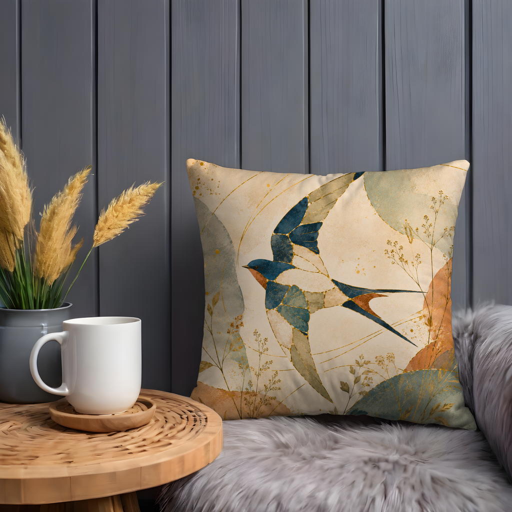 Mosaic Swallow Pillow Cover | Flying Bird Art | Gold Crackle Decor