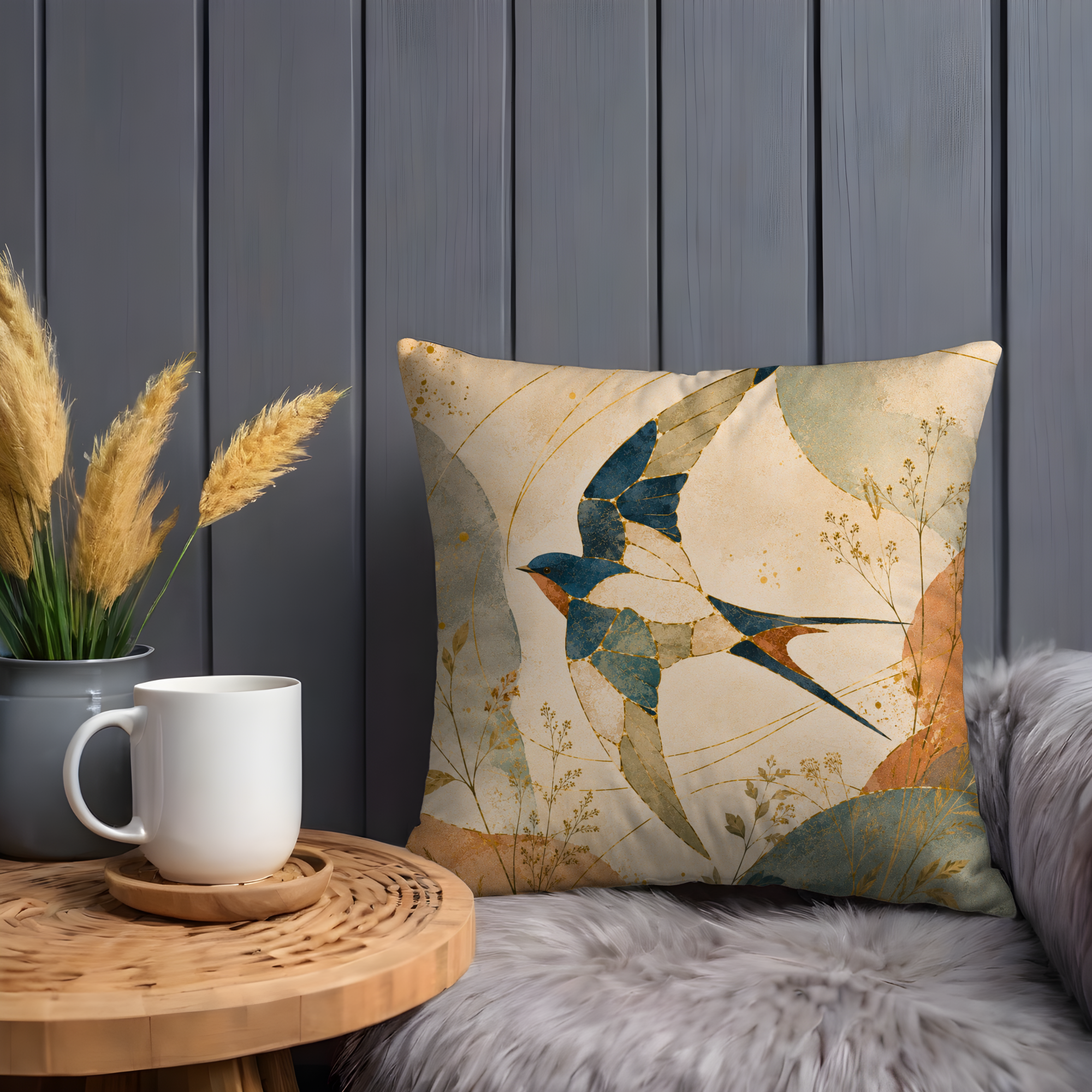 Mosaic Swallow Pillow Cover | Flying Bird Art | Gold Crackle Decor