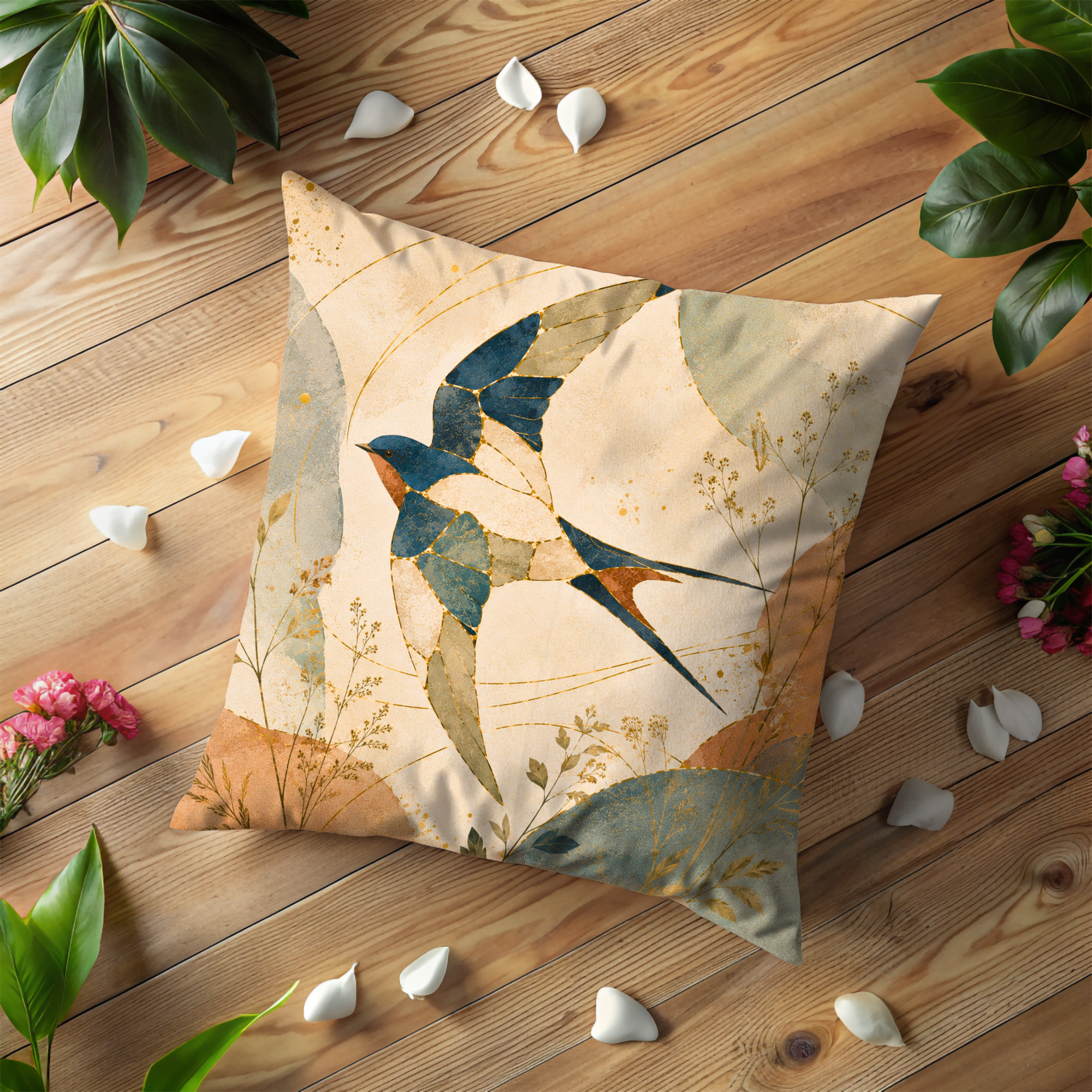 Mosaic Swallow Pillow Cover | Flying Bird Art | Gold Crackle Decor
