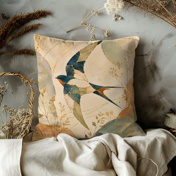 Mosaic Swallow Pillow Cover – Flying Bird Art | Gold Crackle Decor