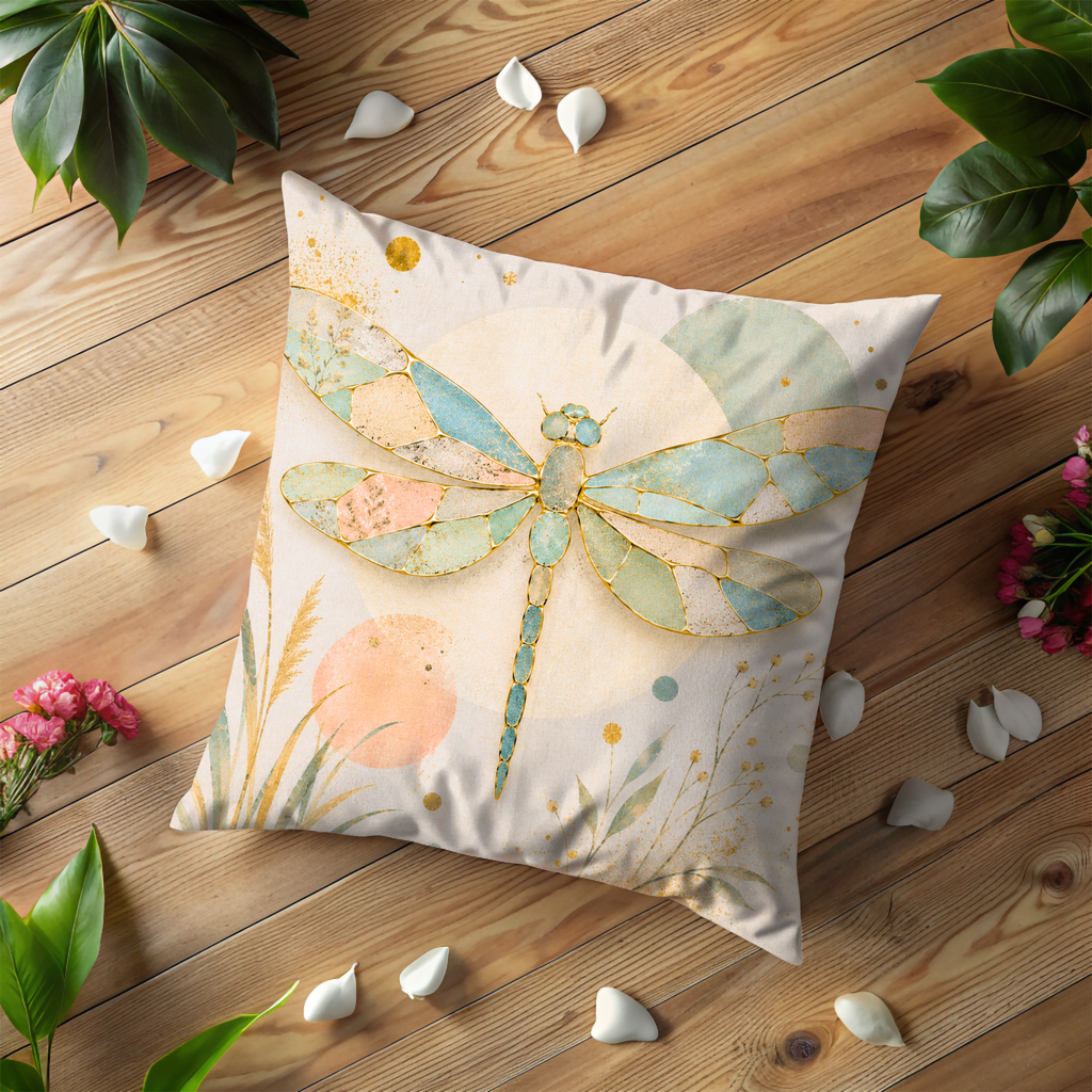 Mosaic Dragonfly Pillow Cover | Boho Insect Art | Gold Crackle Decor