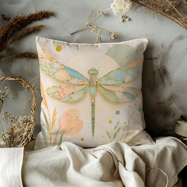Mosaic Dragonfly Pillow Cover – Boho Insect Art | Gold Crackle Decor