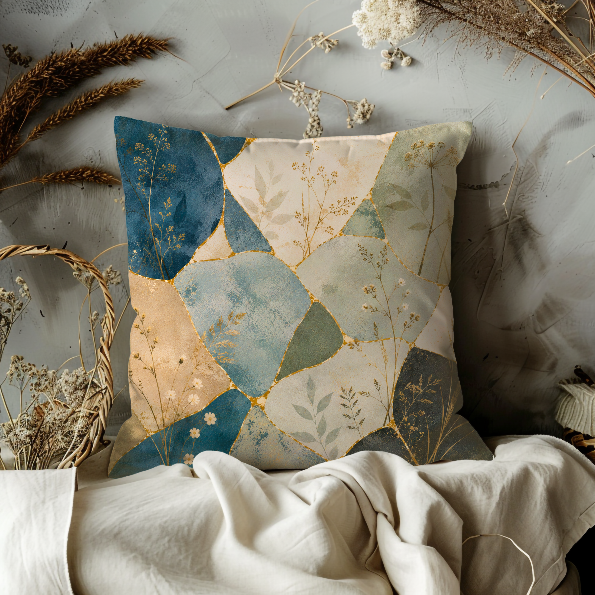 Abstract Botanical Mosaic Pillow Cover | Boho Wildflower Art | Gold Crackle Decor