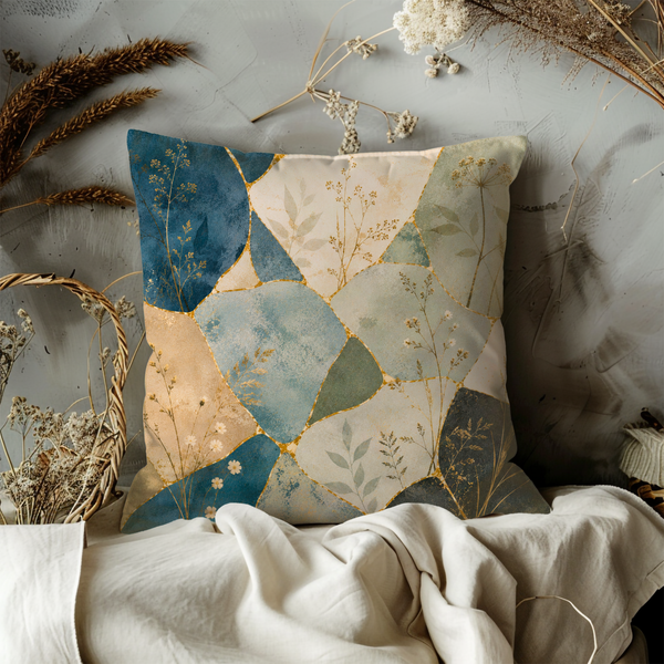 Abstract Botanical Mosaic Pillow Cover – Boho Wildflower Art | Gold Crackle Decor