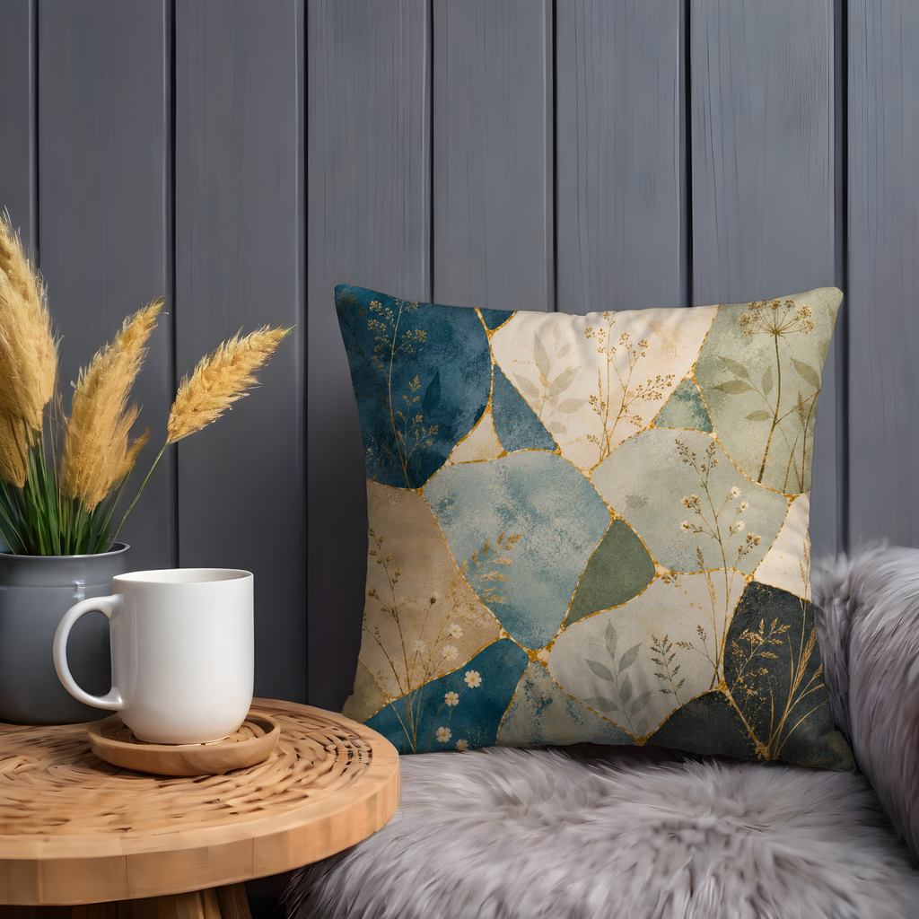 Abstract Botanical Mosaic Pillow Cover | Boho Wildflower Art | Gold Crackle Decor