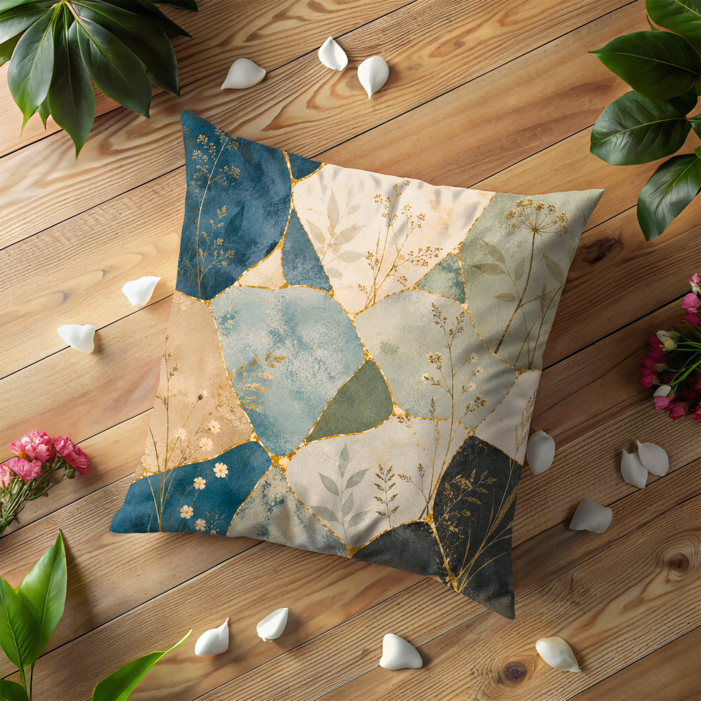 Abstract Botanical Mosaic Pillow Cover | Boho Wildflower Art | Gold Crackle Decor