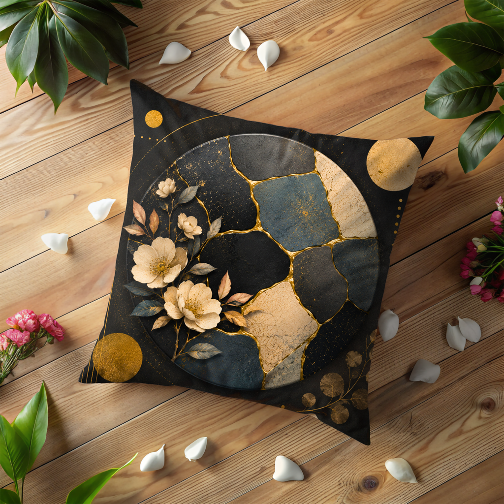 Dark Floral Mosaic Pillow Cover | Celestial Boho Art | Gold Crackle Decor