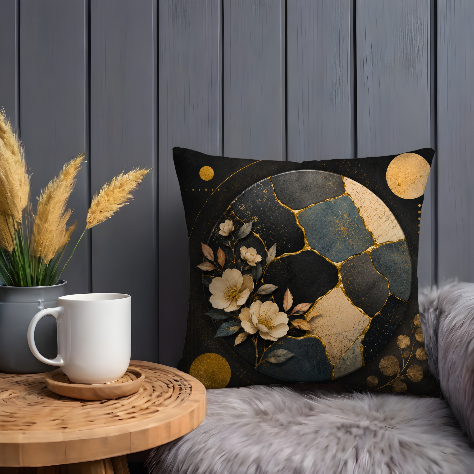Dark Floral Mosaic Pillow Cover | Celestial Boho Art | Gold Crackle Decor