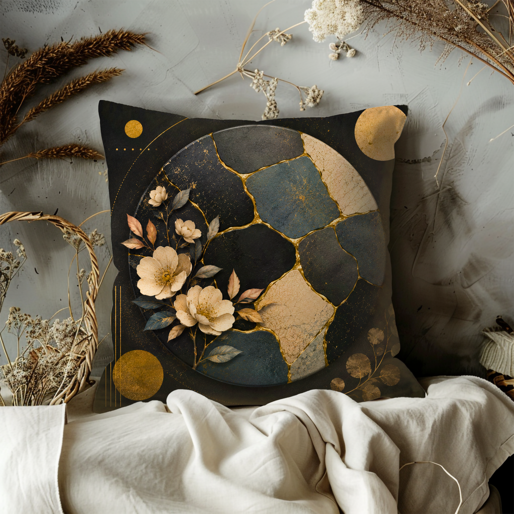 Dark Floral Mosaic Pillow Cover | Celestial Boho Art | Gold Crackle Decor