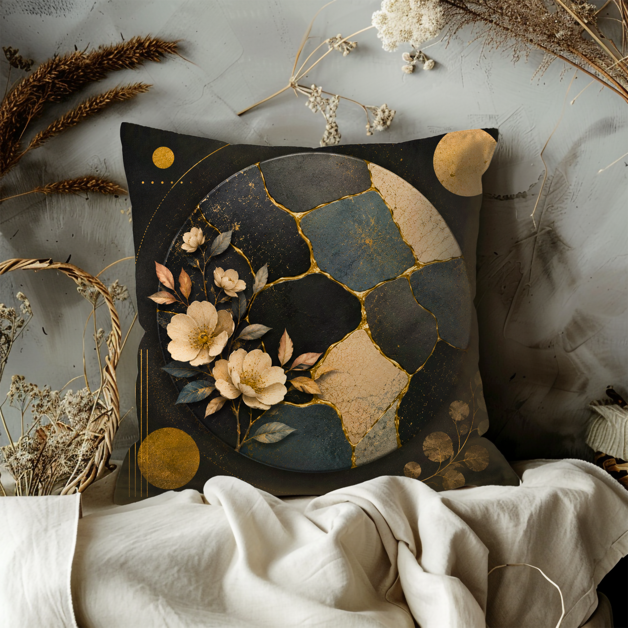 Dark Floral Mosaic Pillow Cover | Celestial Boho Art | Gold Crackle Decor