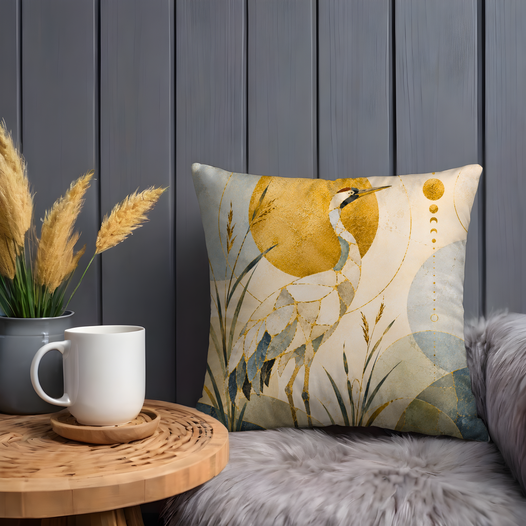 Mosaic Heron Pillow Cover | Golden Sun Bird Art | Gold Crackle Decor