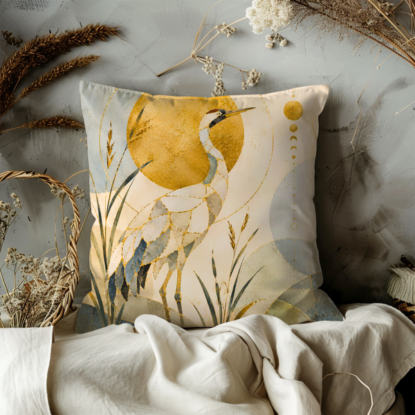 Mosaic Heron Pillow Cover – Golden Sun Bird Art | Gold Crackle Decor