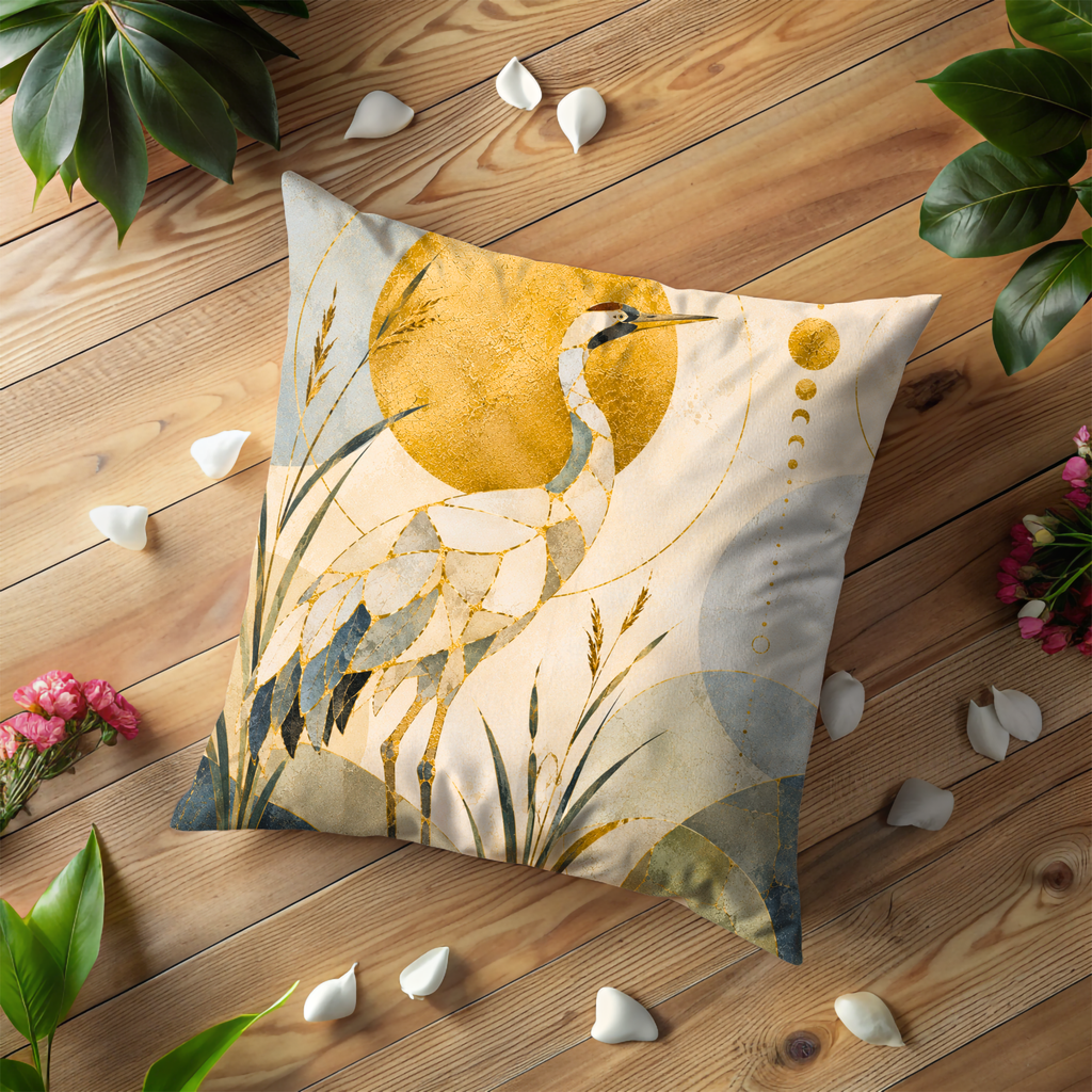 Mosaic Heron Pillow Cover | Golden Sun Bird Art | Gold Crackle Decor