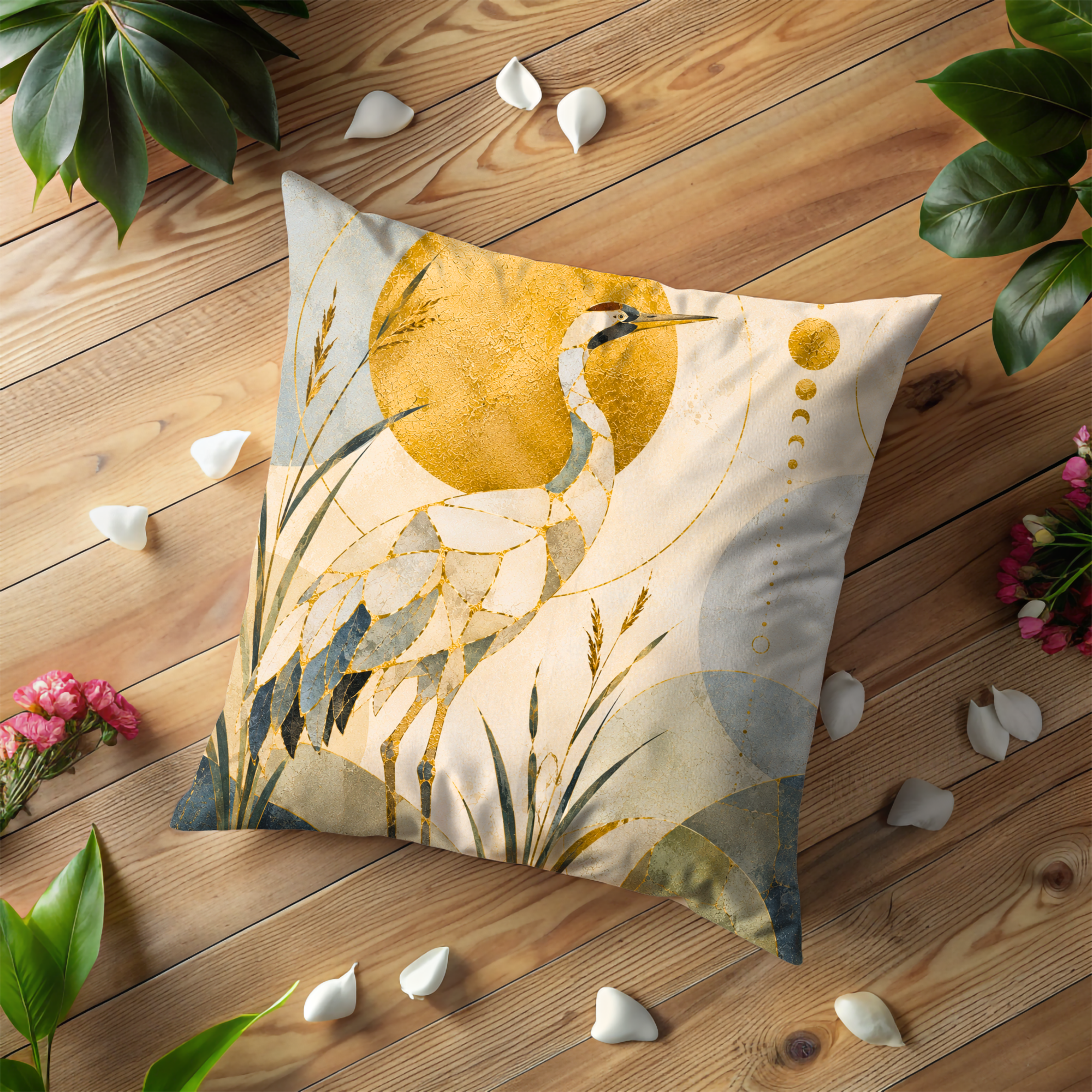 Mosaic Heron Pillow Cover | Golden Sun Bird Art | Gold Crackle Decor