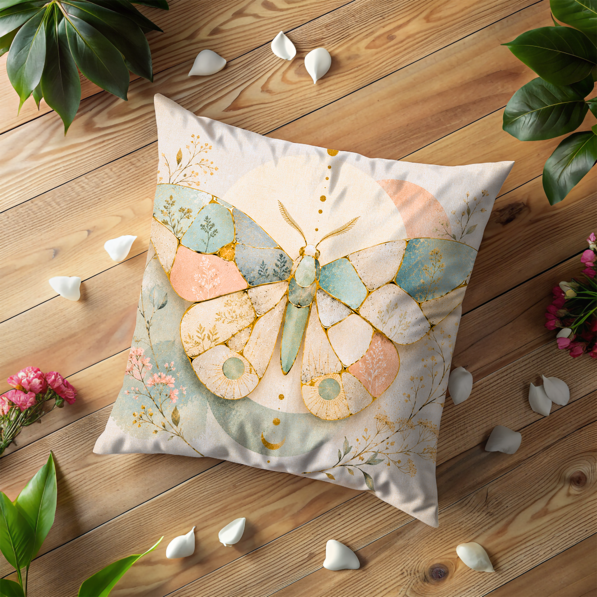 Mosaic Butterfly Pillow Cover | Boho Celestial Art | Gold Crackle Decor