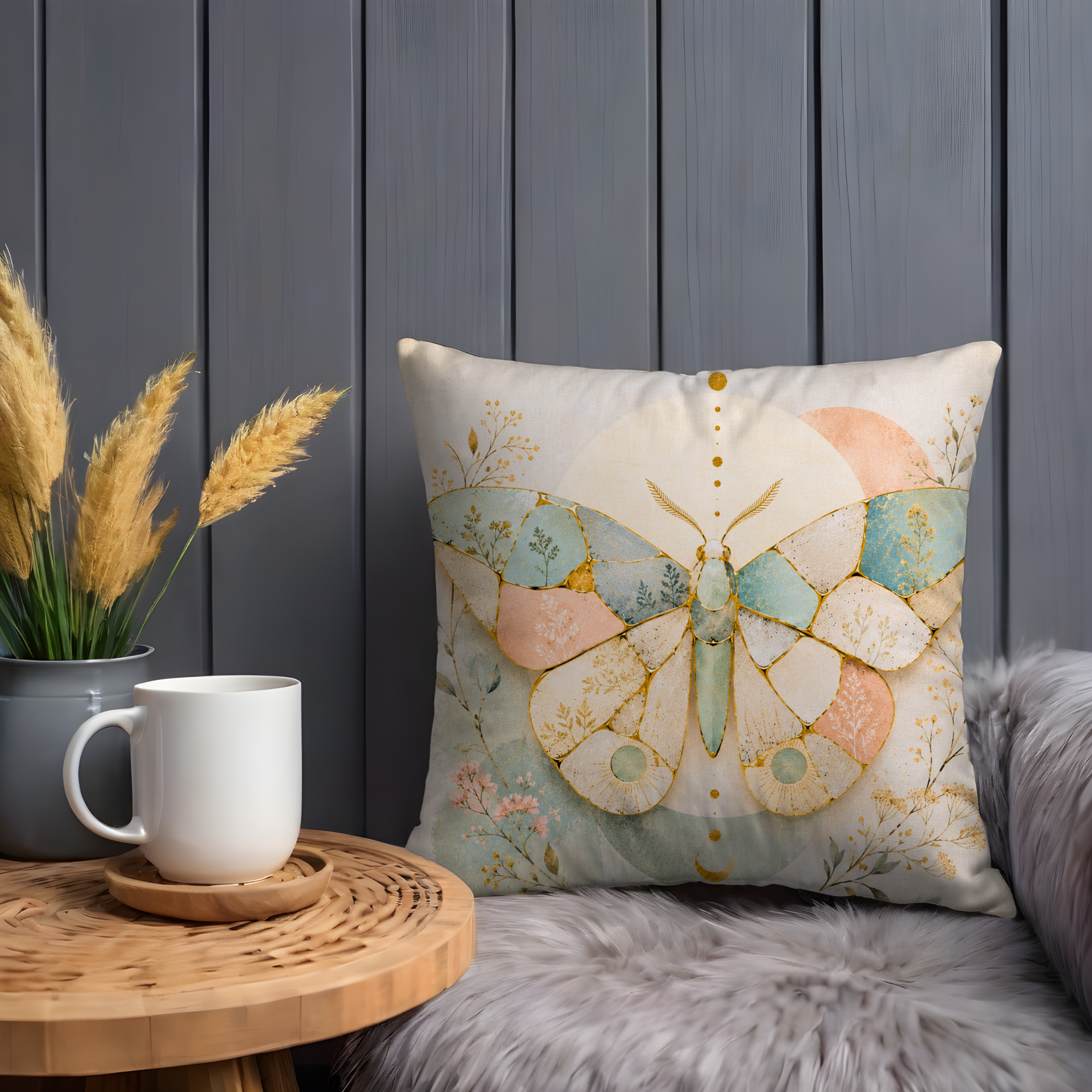 Mosaic Butterfly Pillow Cover | Boho Celestial Art | Gold Crackle Decor