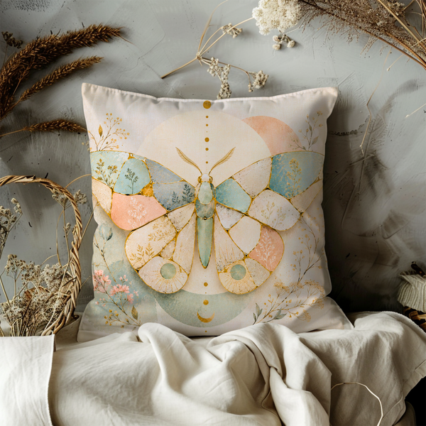 Mosaic Butterfly Pillow Cover – Boho Celestial Art | Gold Crackle Decor