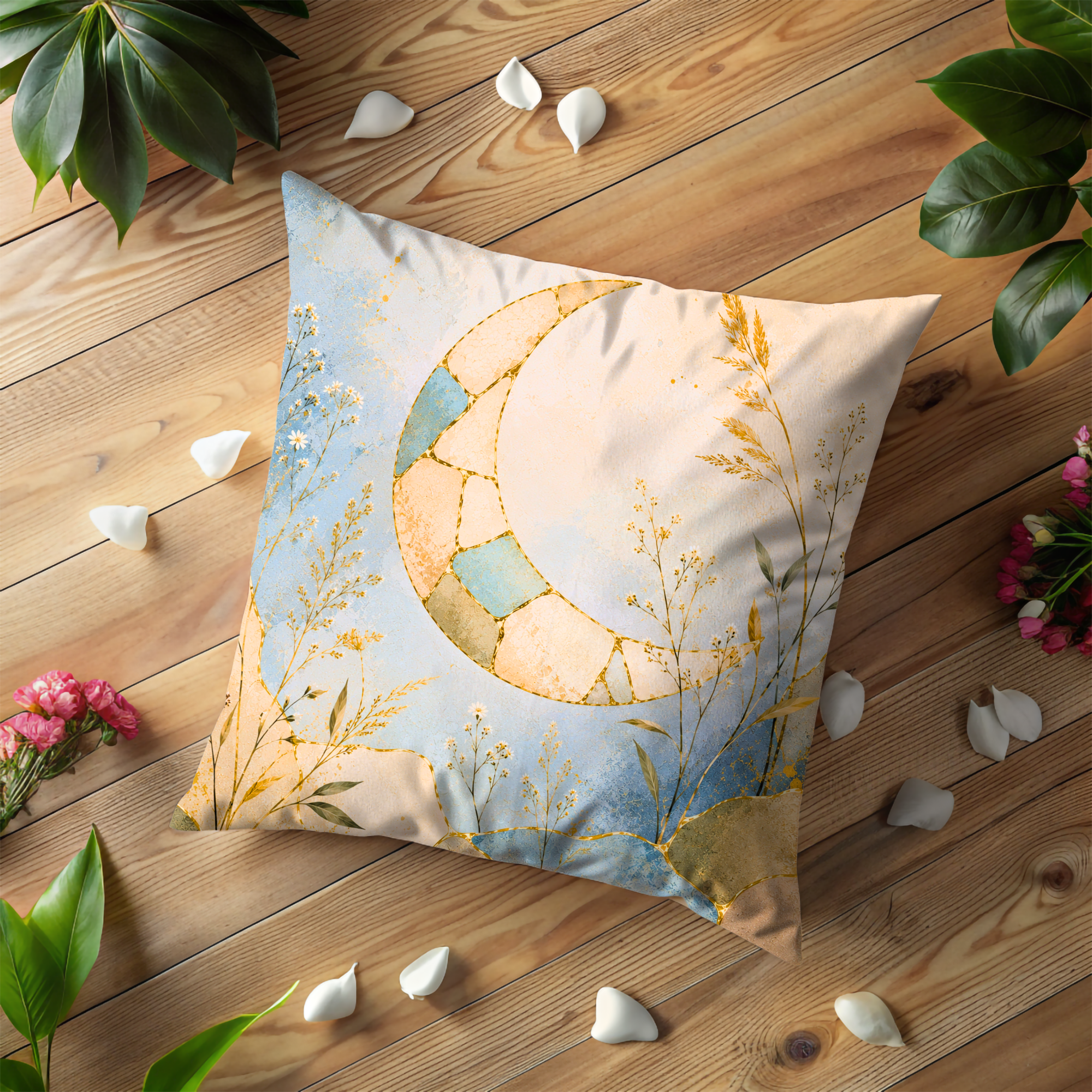 Celestial Moon Wildflower Pillow Cover | Boho Mosaic Art | Gold Crackle Decor
