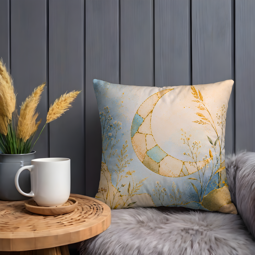 Celestial Moon Wildflower Pillow Cover | Boho Mosaic Art | Gold Crackle Decor