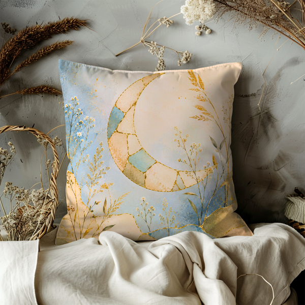 Celestial Moon Wildflower Pillow Cover – Boho Mosaic Art | Gold Crackle Decor