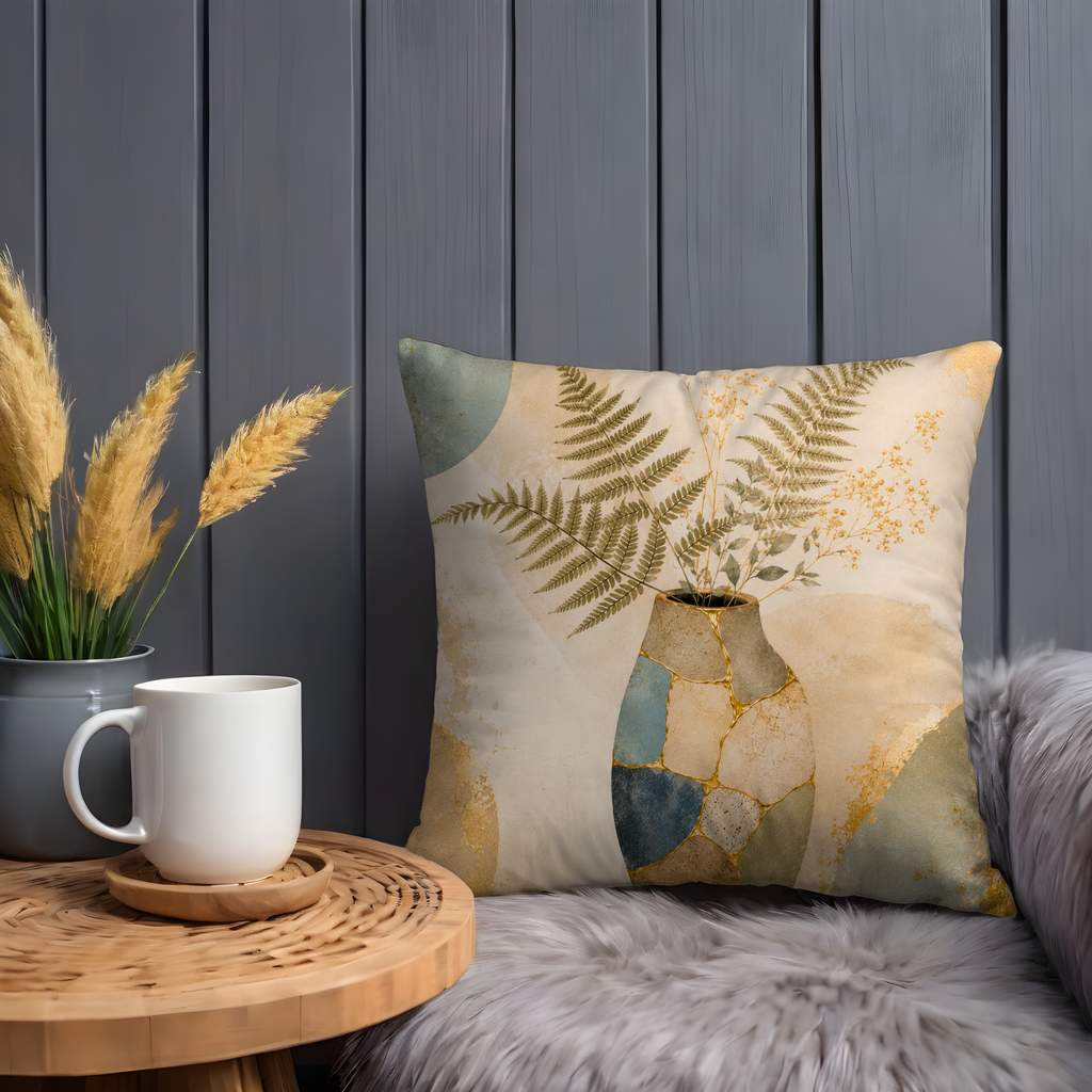 Fern Vase Mosaic Pillow Cover | Boho Botanical Art | Gold Crackle Decor