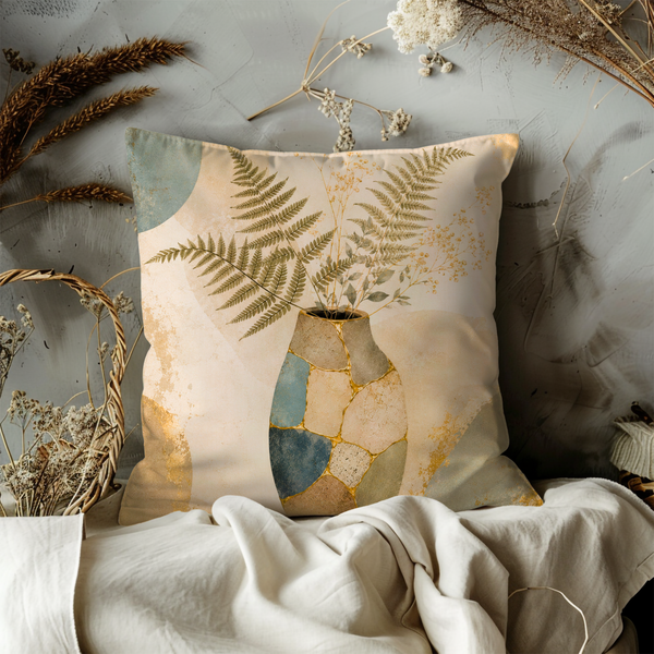 Fern Vase Mosaic Pillow Cover – Boho Botanical Art | Gold Crackle Decor