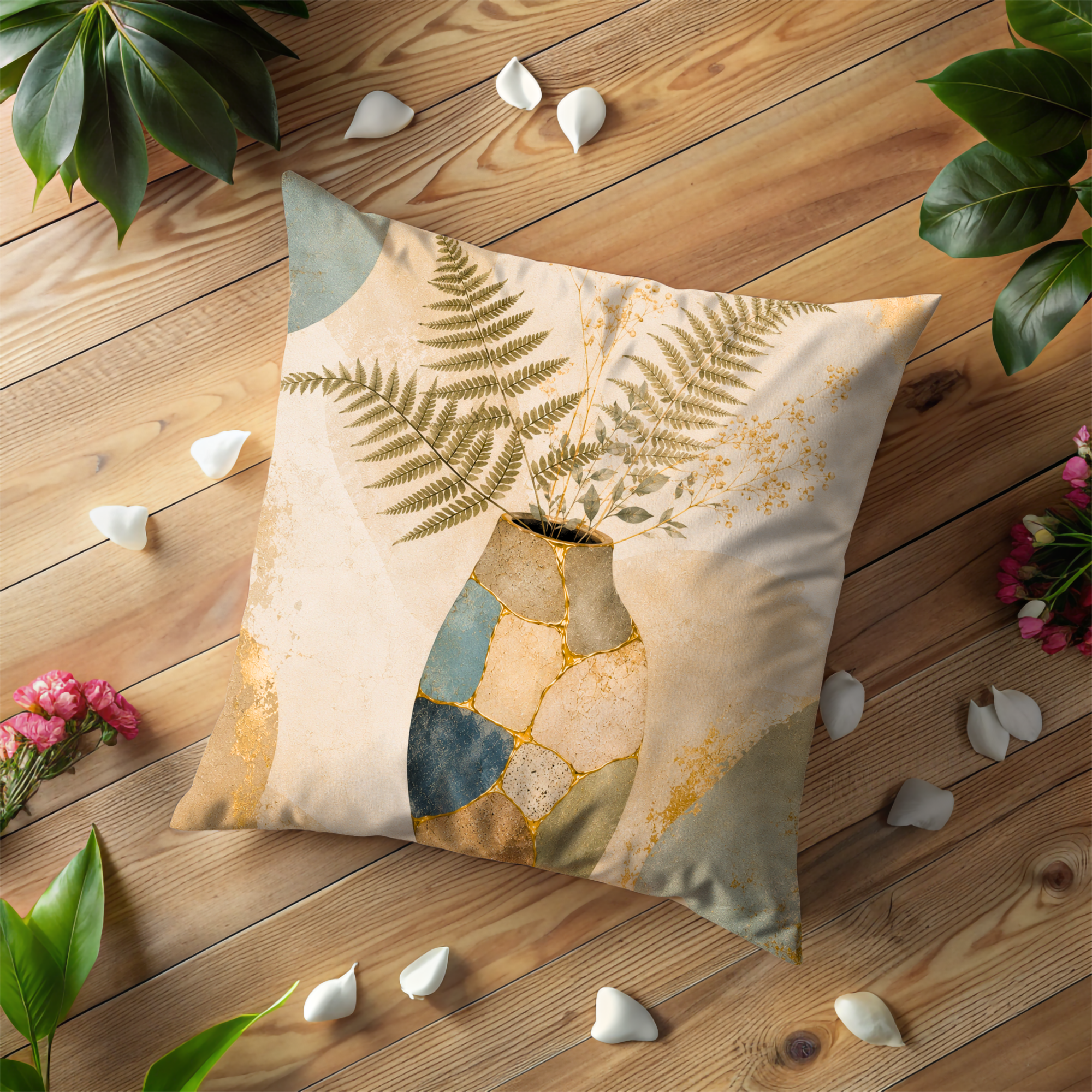 Fern Vase Mosaic Pillow Cover | Boho Botanical Art | Gold Crackle Decor