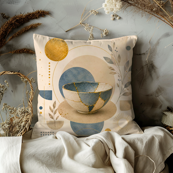 Blue Kintsugi Bowl Pillow Cover – Geometric Botanical Art